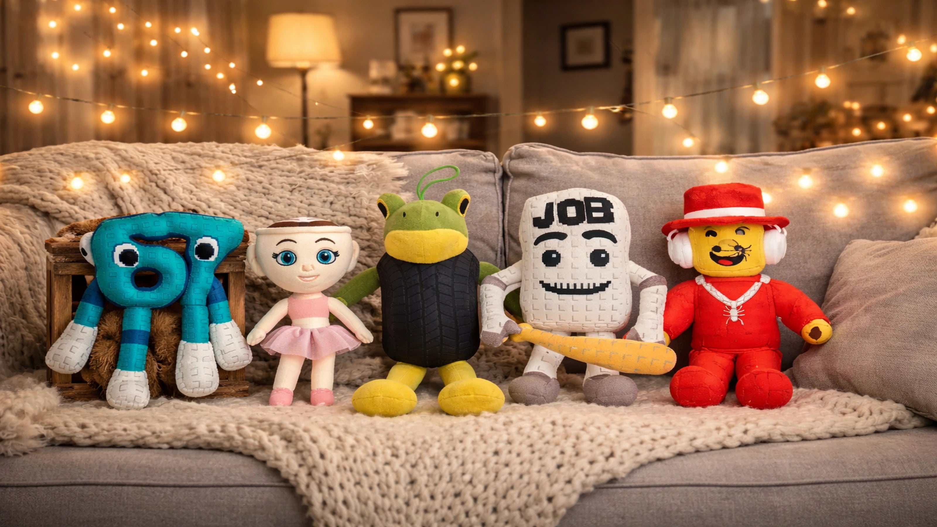 Peluches Italian Brainrot sur canapé - 67, Ballerina Cappuccina, Boneca Ambalabu, Job Job Job Sahur, Sammy | Brainrot Club